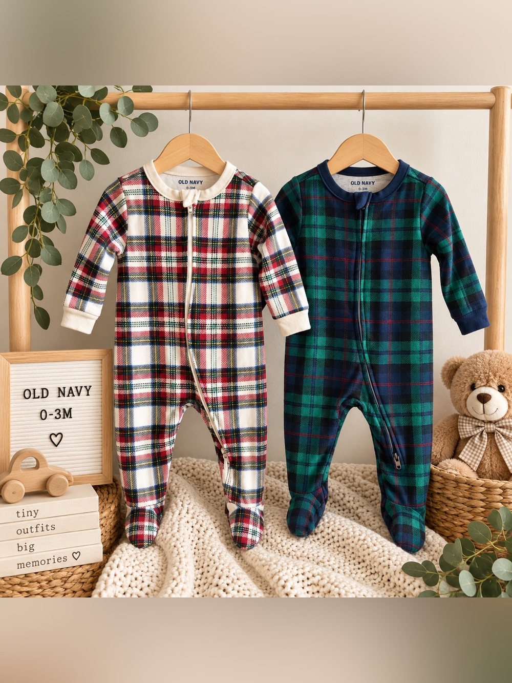 Old Navy Baby Plaid Footed Sleepers Bundle 0–3M | 2-Pack Holiday Pajamas